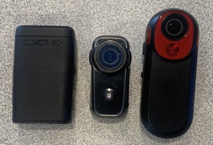 Bike Cameras/Lights: Cycliq Fly12 Sport, Fly6 Gen3, and Garmin Varia RCT715 (L-R))